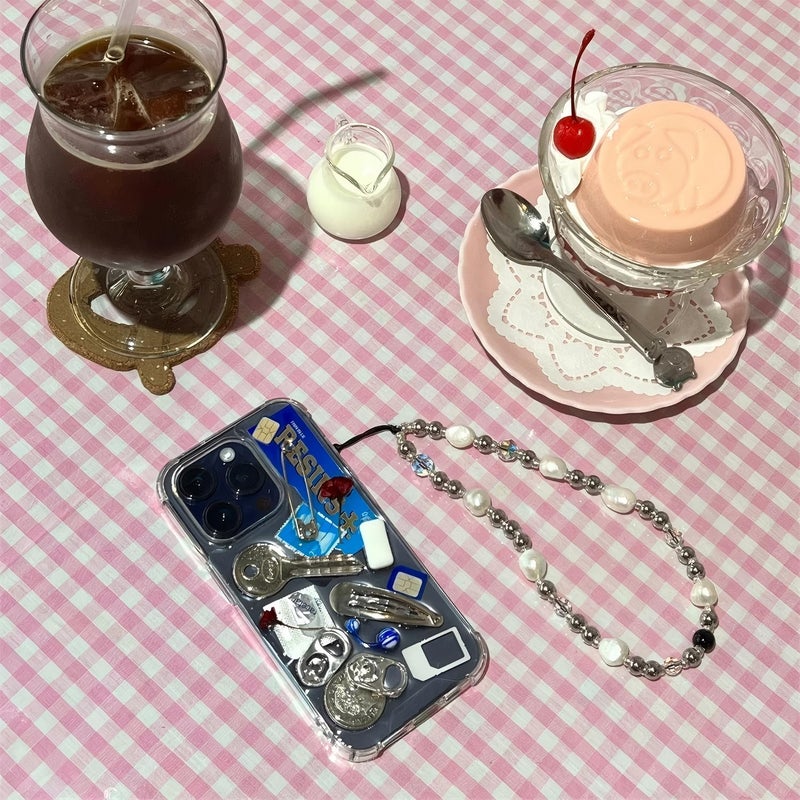 WCCH Beaded Phone Charm Y2K Kawaii Handmade Acrylic Phone Lanyard Wrist Strap for Camera Bag Airpods Keychain Charm Silver White Pearl - Image 4